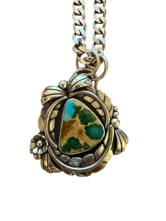 Hi West Silver Jewelry - Hi West Silver Polychrome Royston Full Bloom Pendant and Vintage Curb Chain